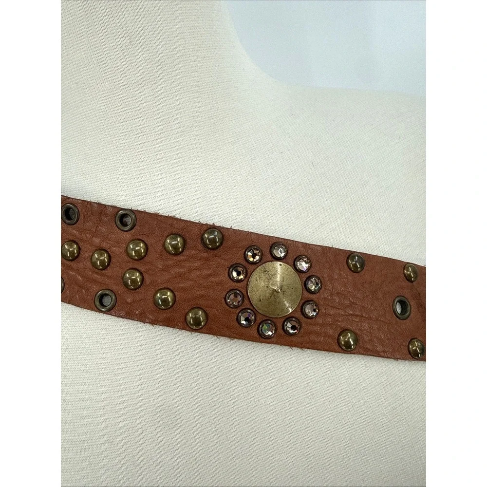LeatheRock Womens Brown Leather Studded Rhinestone Belt Size M34 Boho Cowgirl